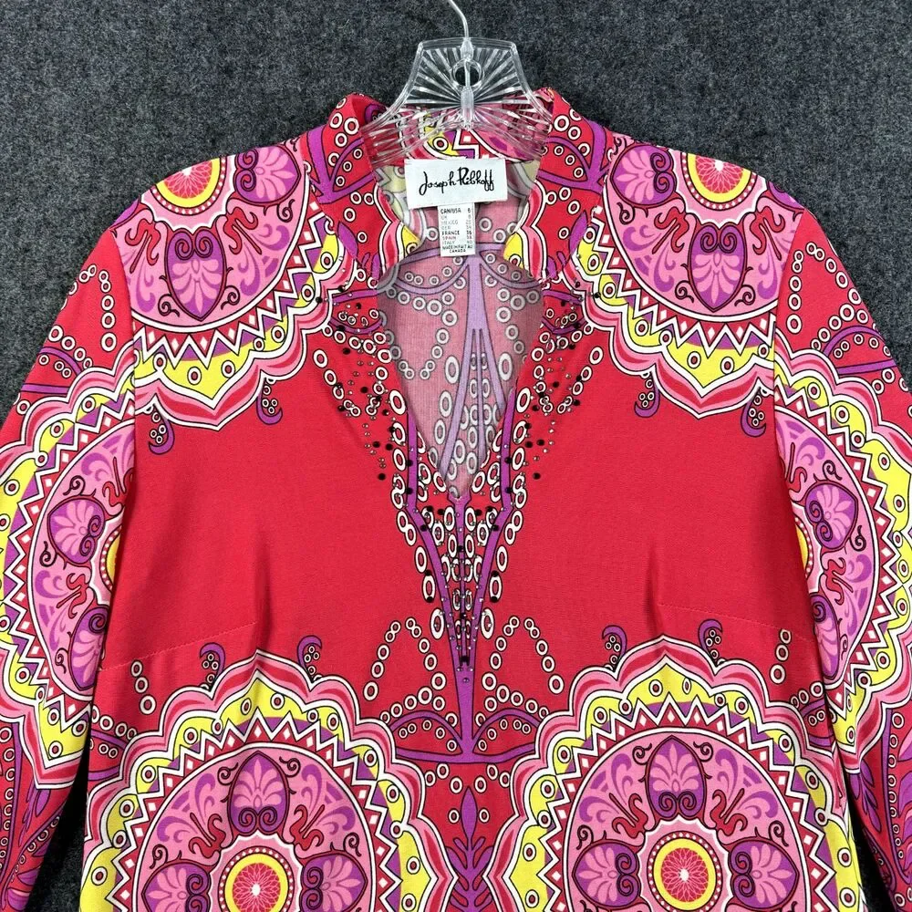 Joseph Ribkoff Top Women's 6 Pink Paisley Jewels Floral Tunic Bell Sleeve - Picture 2 of 7